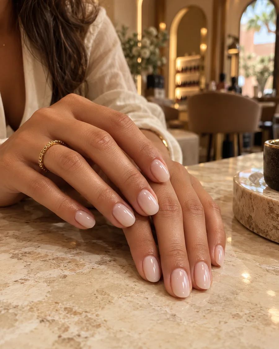 Manucure nude brillante sur des ongles en amande