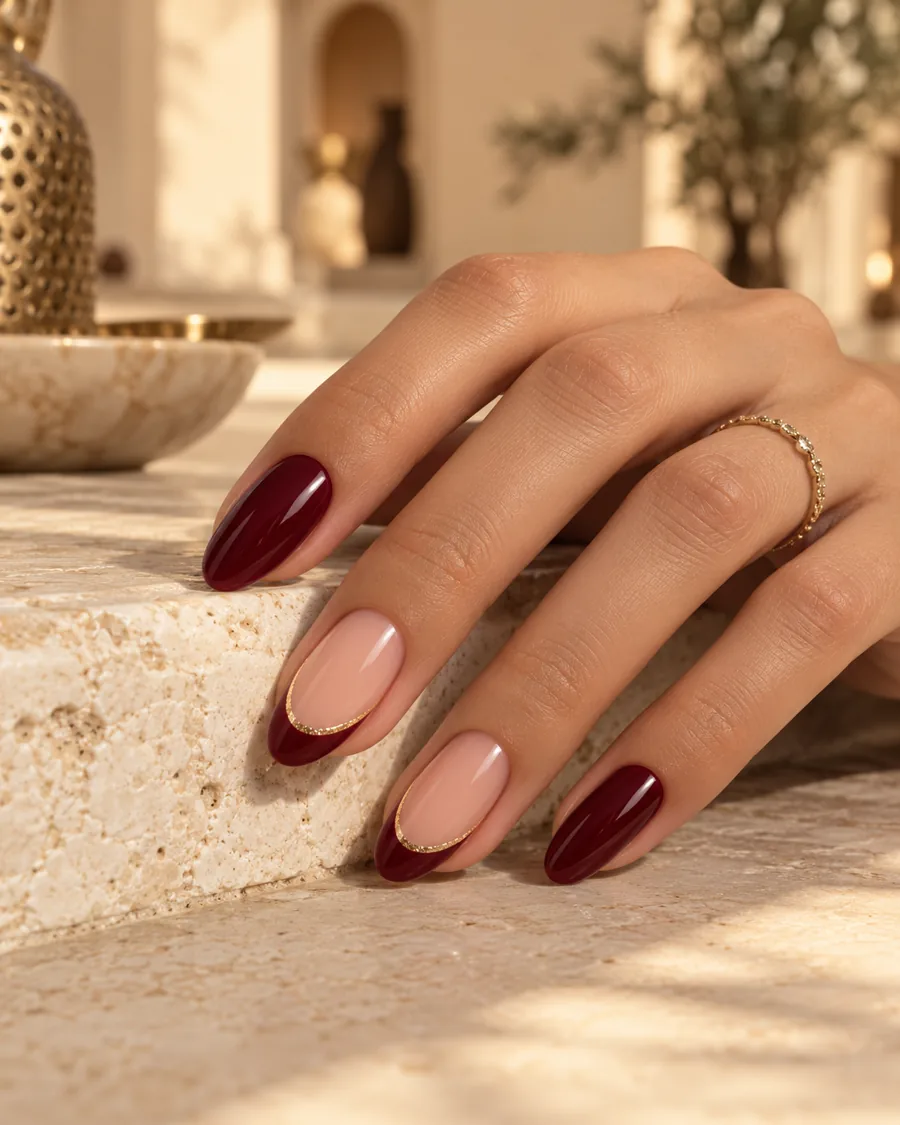 Nail art bordeaux, nude et détails champagne